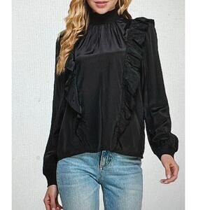 NWOT Women's TCEC Mock Neck Ruffle Trim Blouse Black Medium  Christmas